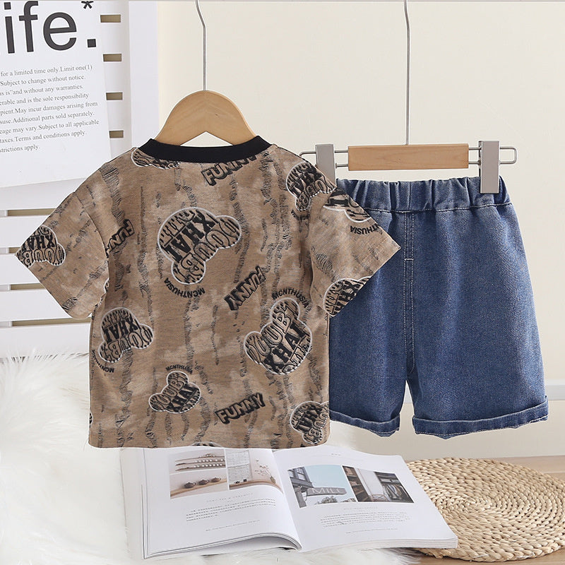 Boys' Summer Outfit Stylish Children's Full-Print Bear Head Short-Sleeve Two-Piece Set, 2026 New Fashionable Casual Clothes for Handsome Little Boys