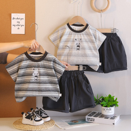 Boys' Outfit 2026 New Style Children's Striped Rabbit Short Sleeve Fashionable Baby Summer Clothes Two-Piece Set Trendy
