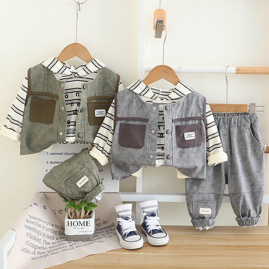 Fashion 2025 New Boys' Stylish Autumn Long Sleeve Pocket Vest Three-Piece Set Trendy Casual Clothing