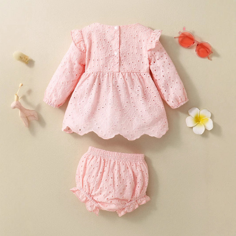 Popular pure infant toddler long-sleeve dress with cotton trim and dyed details + shorts two-piece set, lightweight style