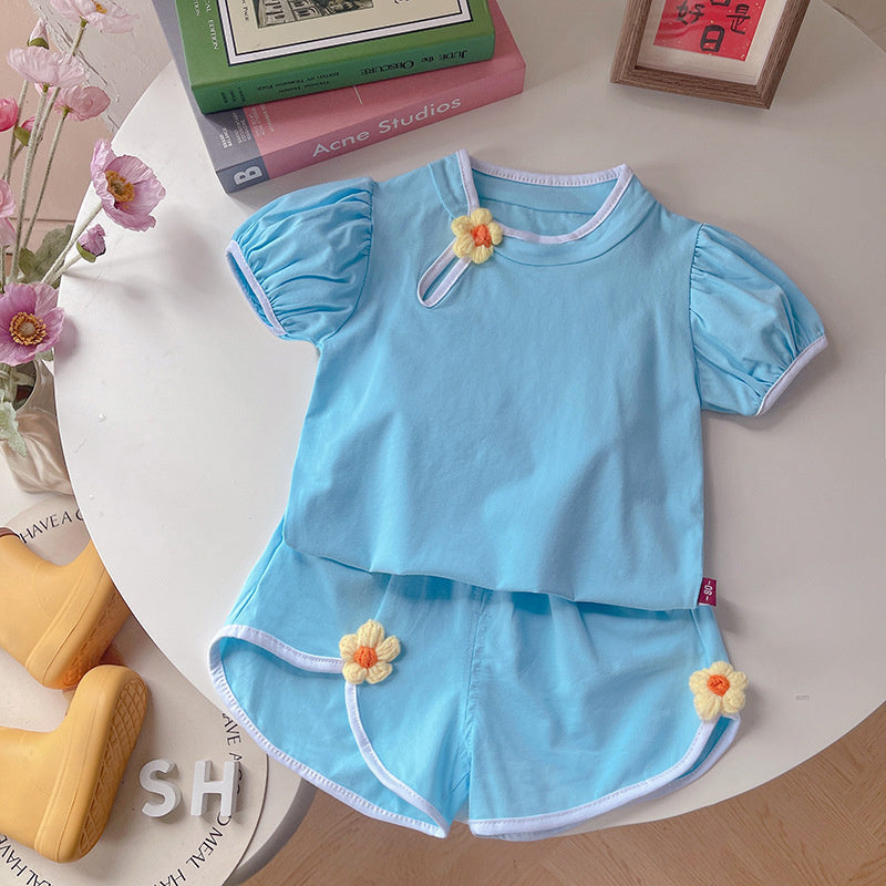 Girls' Summer Chinese Style Floral Short Sleeve 2026 New Fashionable Children's Casual Shorts Two-Piece Set