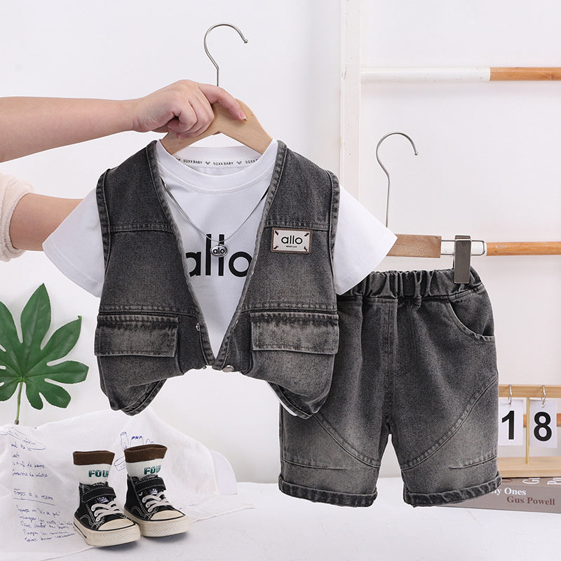 Boys' Short-Sleeve Outfit 2026 New Fashionable Children's Summer Letter Vest Three-Piece Set Baby Casual Trendy
