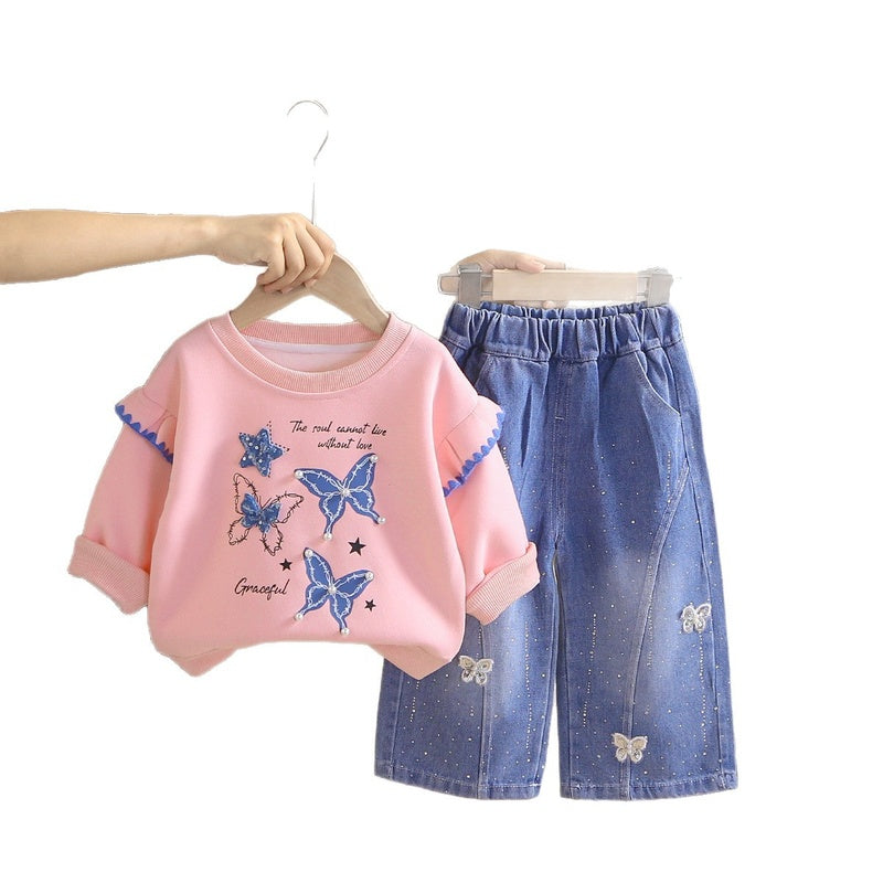 Baby Girl Outfit Set 2026 New Korean Style Children's Clothing with Four Butterflies, Stylish Autumn Sweatshirt for Girls