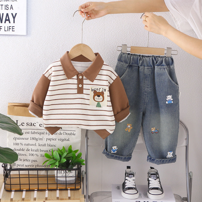 Korean-style baby autumn outfit 2026 new model boys' striped bear sweatshirt infant children's clothing two-piece set
