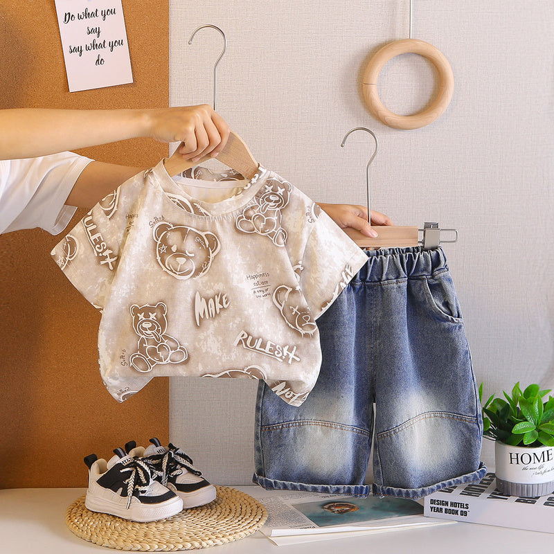 Boys' Outfit Children's Clothing 2026 New Summer Style Full Bear Head Print Round Neck Short Sleeve Two-Piece Set Trendy