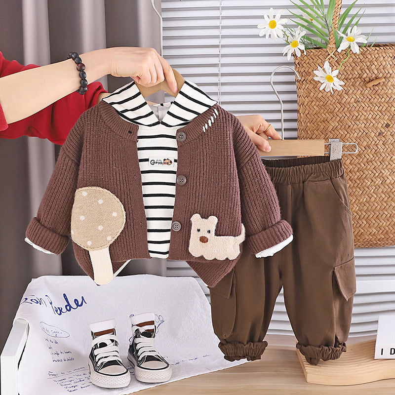 Boys' Outfit 2026 New Fashionable Patchwork Puppy Long Sleeve Sweater Three-Piece Set Baby, Stylish and Trendy for Spring