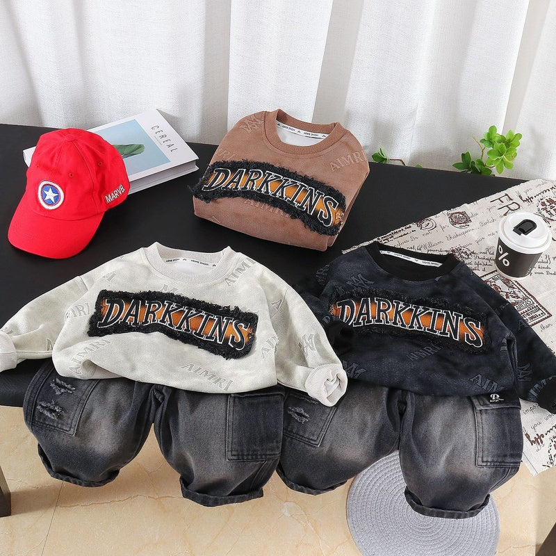 Boys' Outfit for Spring and 2026 New Style Baby Autumn Clothing Korean Version Casual Patchwork Fleece Round Neck Sweatshirt Two-Piece Set