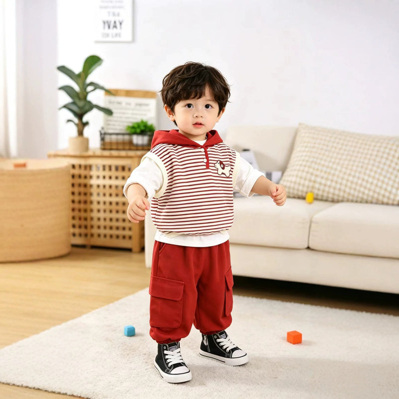 Boys' Suit for 2026 New Stylish Baby Clothes Spring and Autumn Striped Puppy Hoodie Three-Piece Set