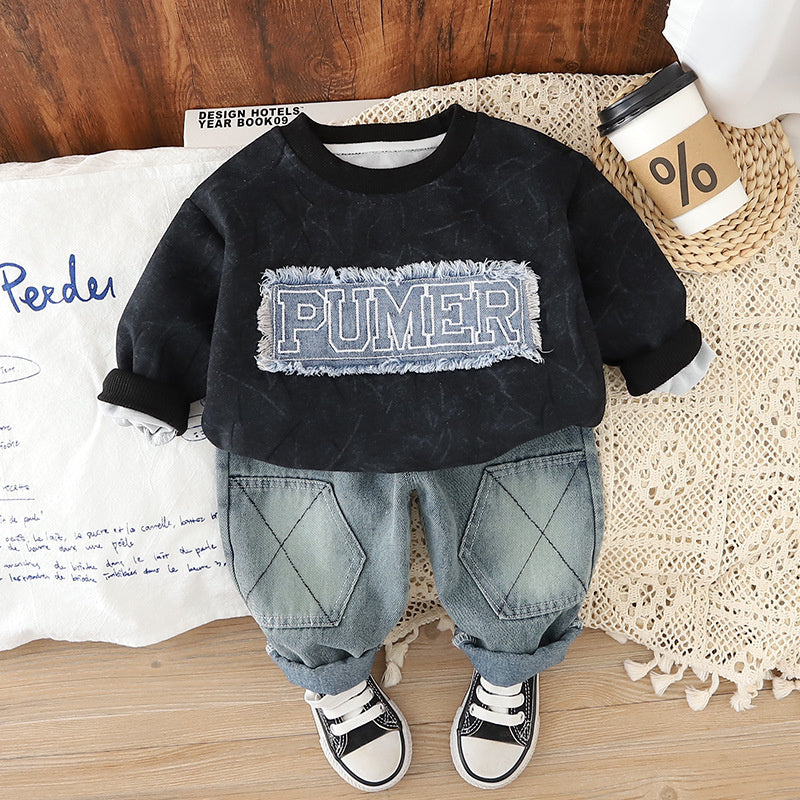 Boys' Spring and Sweatshirt 2025 New Stylish Baby Boy Autumn Letter Patch Long Sleeve Two-Piece Set