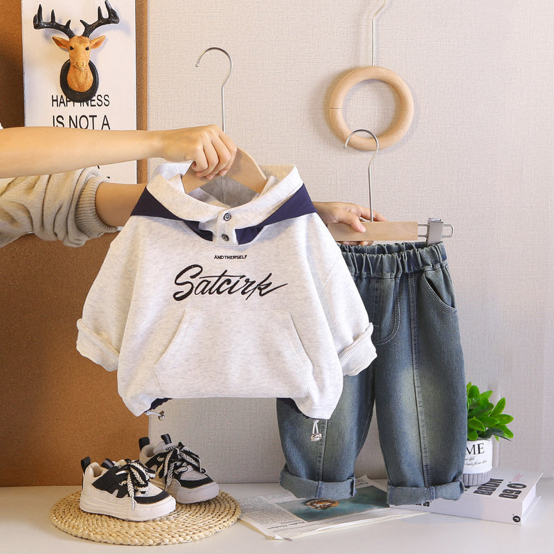 Boys' Spring English Hoodie Sweatshirt Set 2026 New Fashionable Children's Sporty Two-Piece Outfit for Little Boys