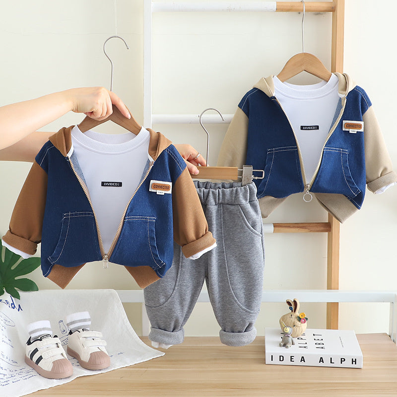 Boys' Outfit 2025 New Stylish Children's Spring and Autumn Baby Korean Style Patchwork Denim Hoodie Three-Piece Set