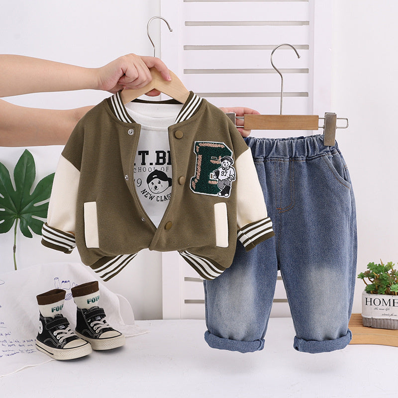 2025 New Little Boys' Spring and Children's Autumn Outfit Towel Embroidered Baseball Jacket Three-Piece Set