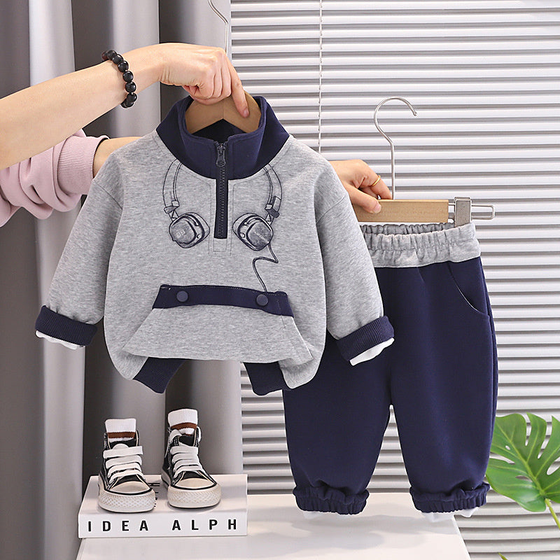 Boys' and Autumn Casual Outfit 2026 Fashionable Baby Headphone Half-Zip Sweatshirt New Two-Piece Set Spring