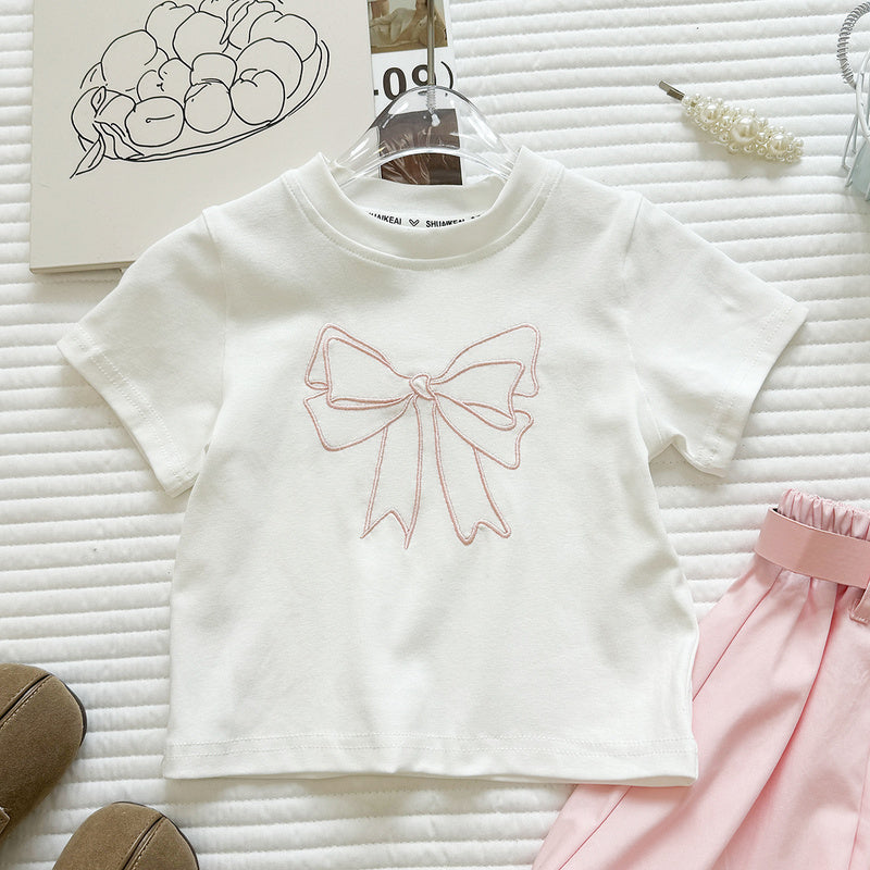 Girls' Summer Outfit New Embroidered Bow Short-Sleeve T-Shirt and Bud Shorts Casual Two-Piece Set for Girls