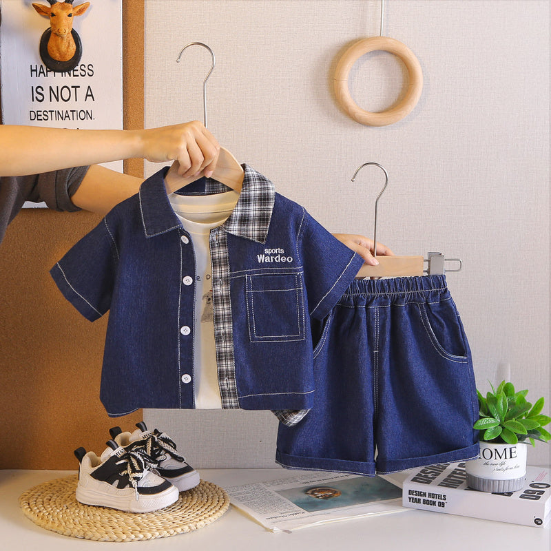 Patchwork Plaid Denim Short Sleeve New Children's Summer Outfit Boys' Clothes Baby Three-Piece Set