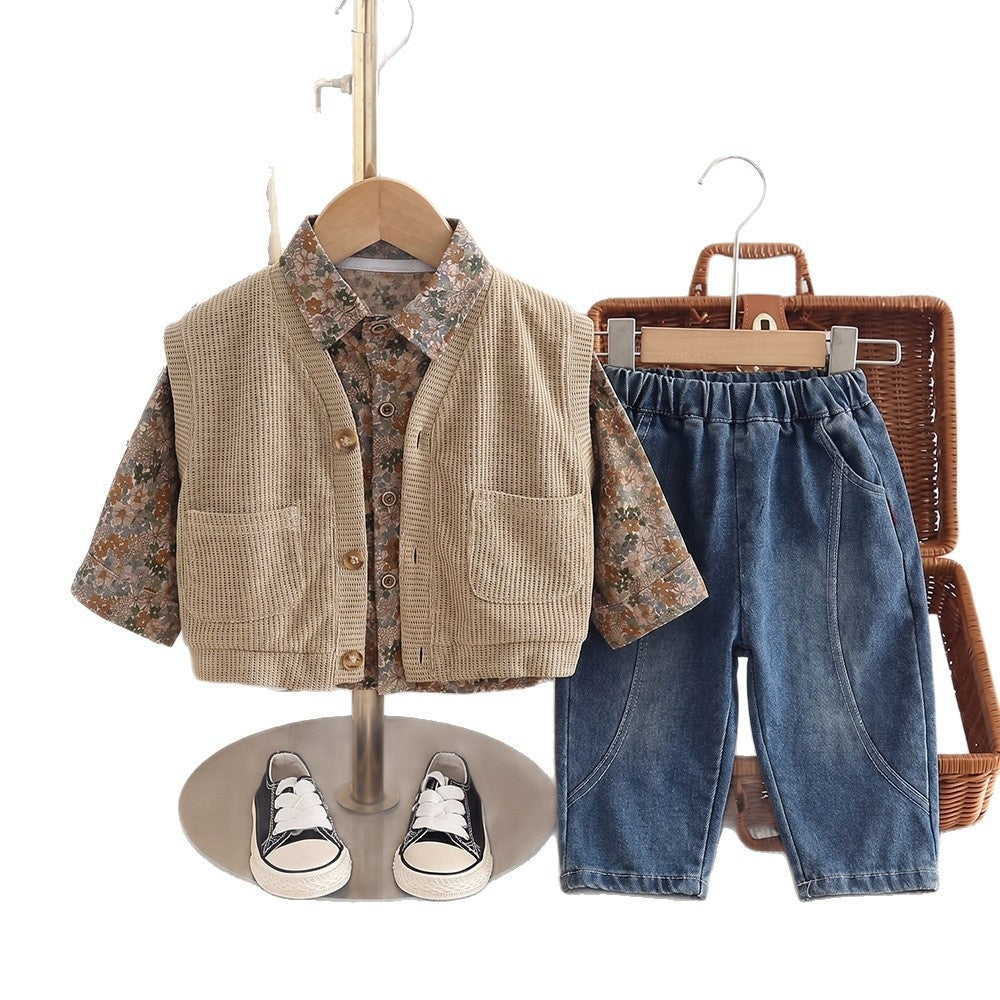 Boys' Outfit 2026 New Collection Baby Floral Shirt Vest Three-Piece Set Children's Stylish Spring and Autumn Clothes Trendy