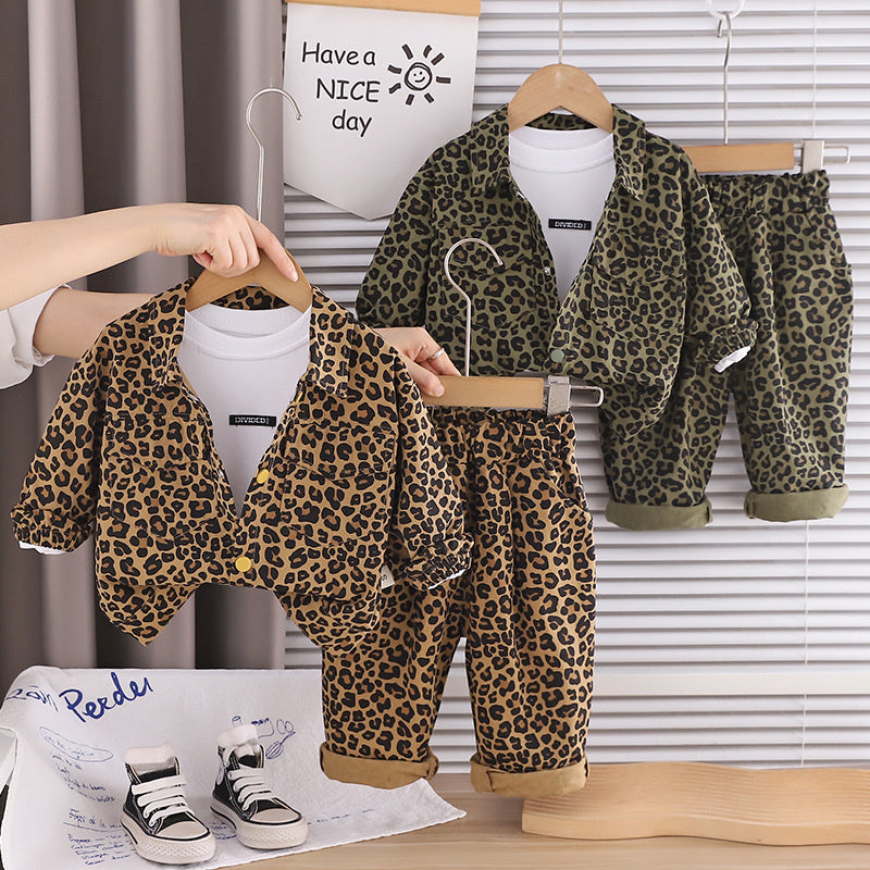 Baby Boy Spring and Autumn Outfit 2026 New Fashionable Toddler Korean Style Casual Leopard Print Long Sleeve Three-Piece Set
