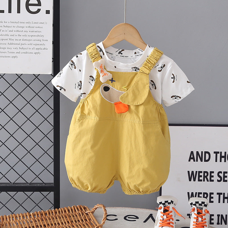 Girls' Outfit 2026 New Cute Baby Summer Clothes Stylish Puppy Overalls Short Sleeve Two-Piece Set