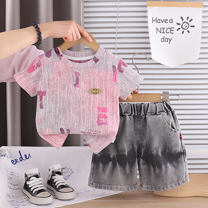 Boys' Summer Casual Outfit Baby Letter Print Short Sleeve Shorts Two-Piece Set 2026 New Fashionable Children's Clothing Trend