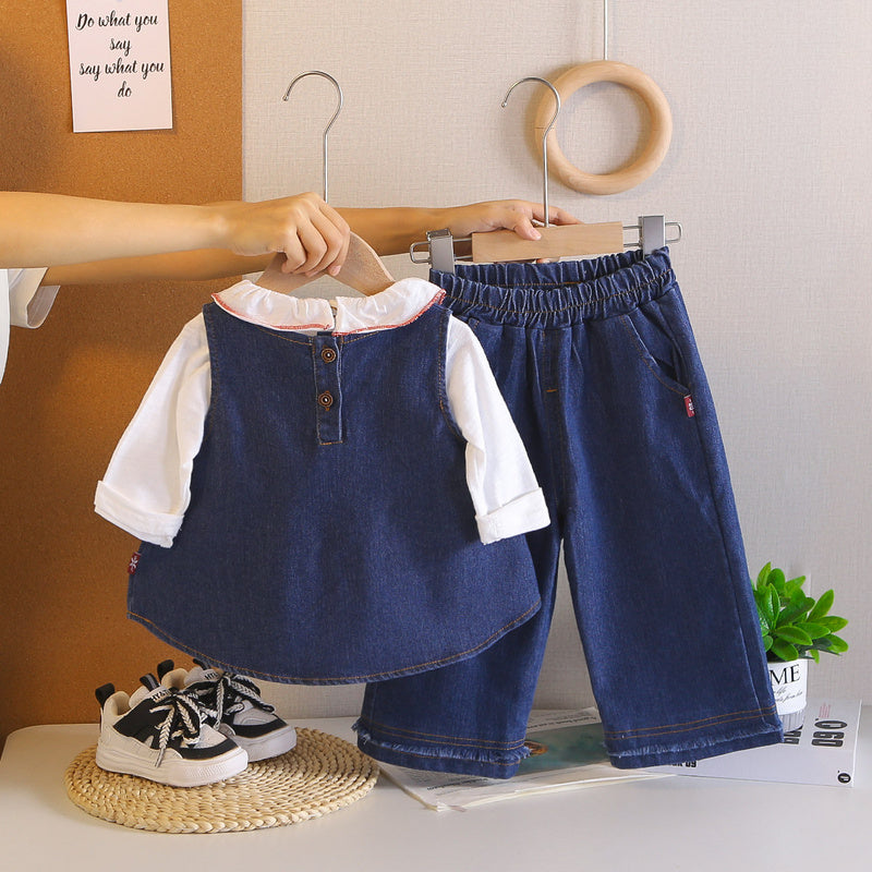 Girls' Spring Outfit 2026 New Fashionable Baby Girl Casual Clothes Children's Strawberry Embroidered Denim Three-Piece Set