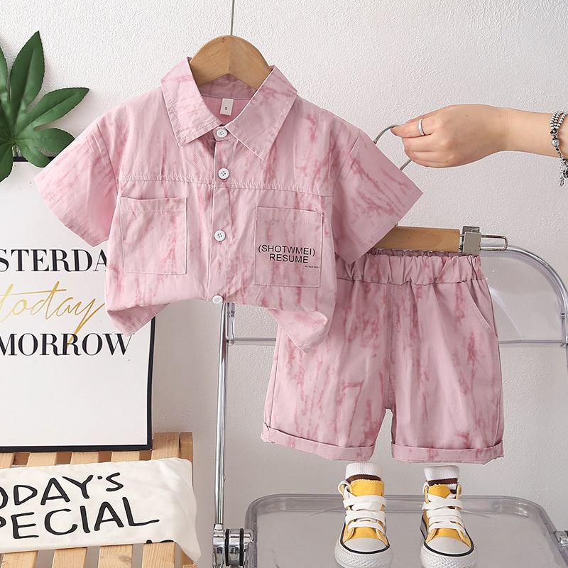 Boys' Summer Outfit 2026 New Korean Style Children's Thin Letter Print Shirt Short Sleeve Shorts Two-Piece Set Trendy