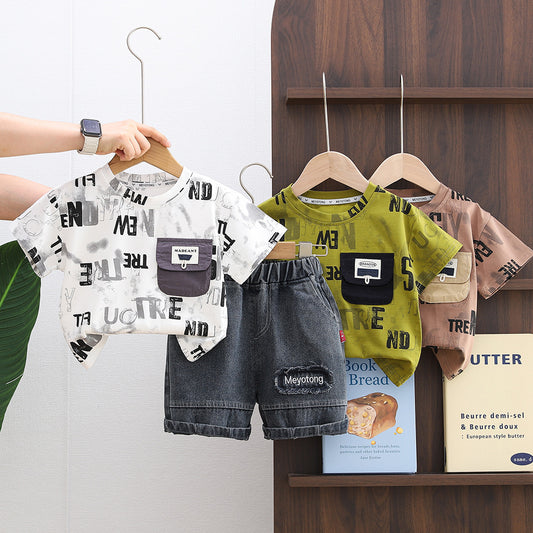 Boys' Outfit 2026 New Short-Sleeve Stylish Toddler Summer Clothes Letter Pocket Round Neck Two-Piece Set Baby Trendy