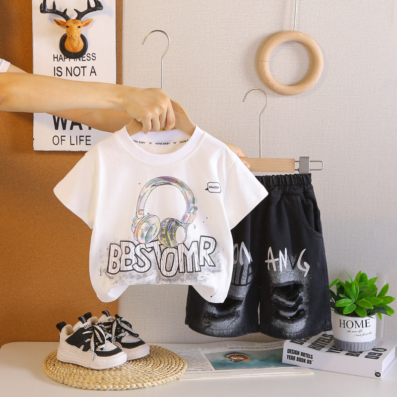 Children's clothing boys, set, 2026 new model, earphone short-sleeve baby summer clothes, two-piece set for small children