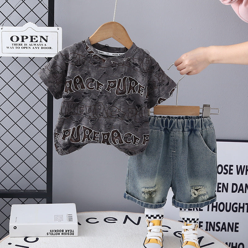 2025 Trendy Clothes Baby Outfit Boys Summer New Style Two-Piece Set English Ripped Short Sleeve Toddler