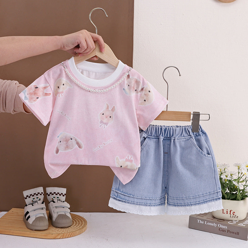 Baby Girl Outfit 2026 New Children's Clothing Thin Full-Print Bunny Short Sleeve Shorts Girls' Summer Wear