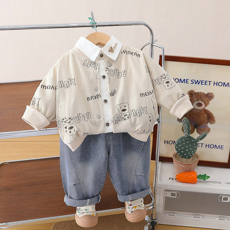 Clothes Spring and Autumn, Cute Casual Bear Shirt Boys, Long Sleeve Three-Piece Set for 0-2 Year Olds, Baby Jacket