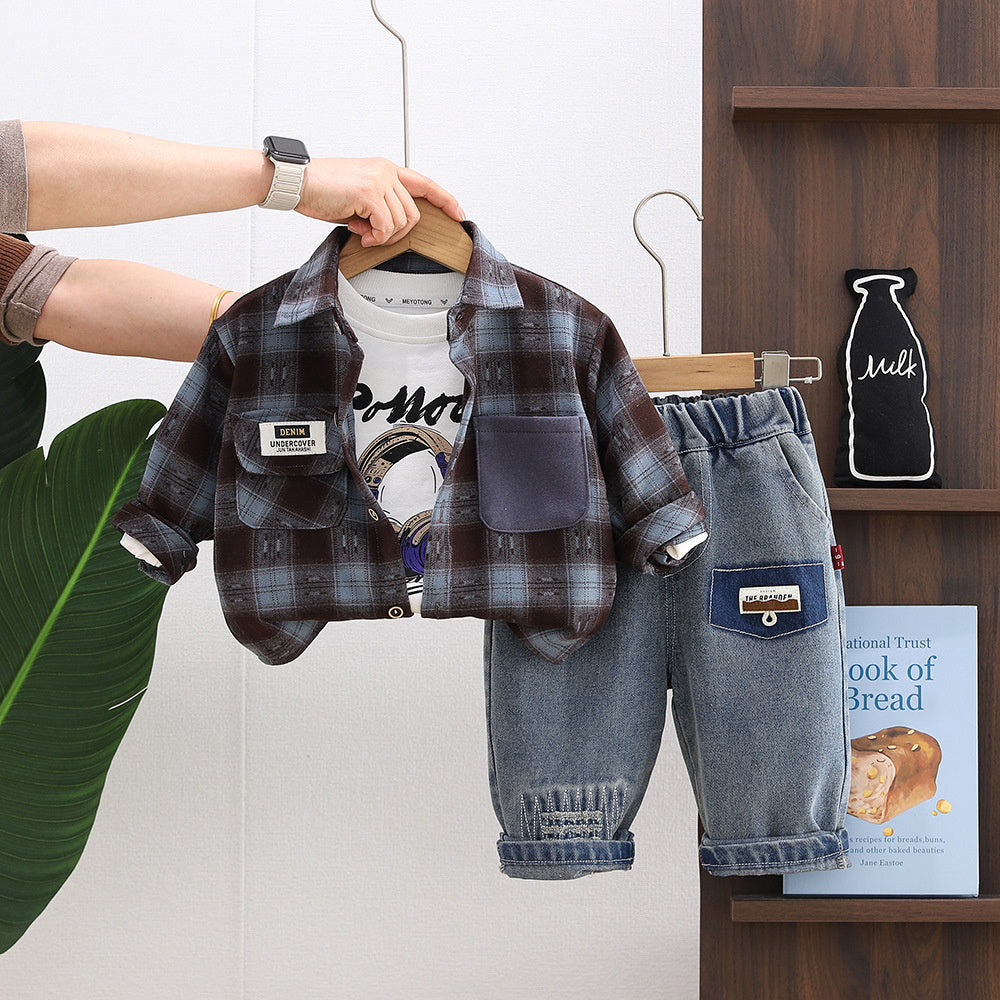 Boys' Spring Three-Piece Set with Earphone Plaid Shirt, 1-2-3-5 Years Old Toddler Outfit, Korean Style Fashionable Baby Clothes