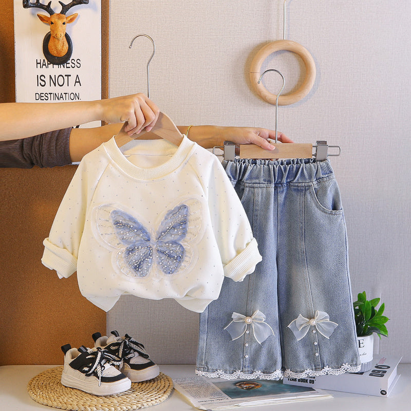 Spring Baby Butterfly Round Neck Sweatshirt 2026 New Casual Stylish Sleeve Long Pants Two-Piece Set for Girls