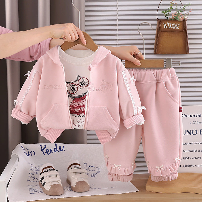 New stylish girls' outfit: sweet hooded bow jacket three-piece set for toddlers, trendy spring and autumn wear