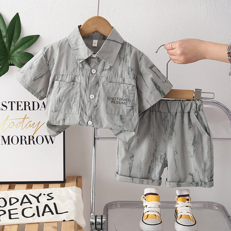 Boys' Summer Outfit 2026 New Korean Style Children's Thin Letter Print Shirt Short Sleeve Shorts Two-Piece Set Trendy