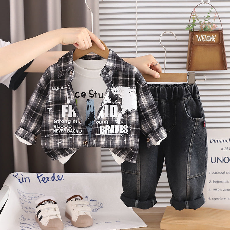 Baby Autumn Outfit 2026 New Style Boys' Spring-Autumn Plaid Shirt Three-Piece Set for 1-3 Years Old, Stylish and Trendy Children's Fashion