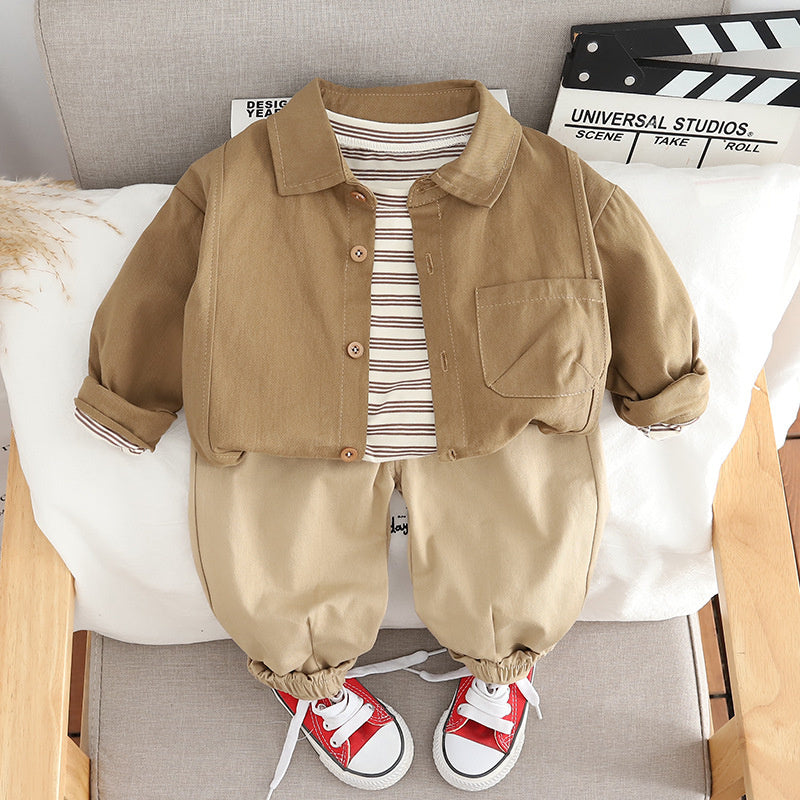 Boys' Outfit 2024 New Korean Style Children's Spring and Autumn Clothes Baby Solid Color Shirt Three-Piece Set Trendy