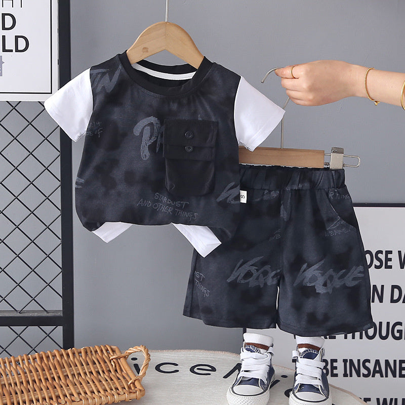 Boys' Summer Outfit 2026 New Fashionable Toddler Stylish Double Pocket Short Sleeve Baby Boy Two-Piece Set Trendy