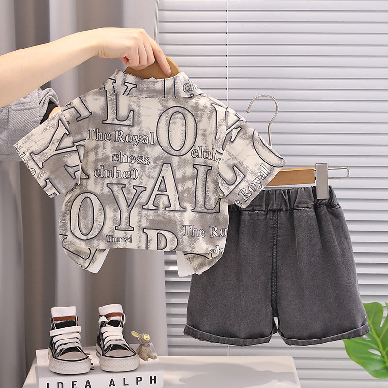 Boys' outfit 2026 new stylish baby with large English print short-sleeve shirt, infant summer three-piece trendy set