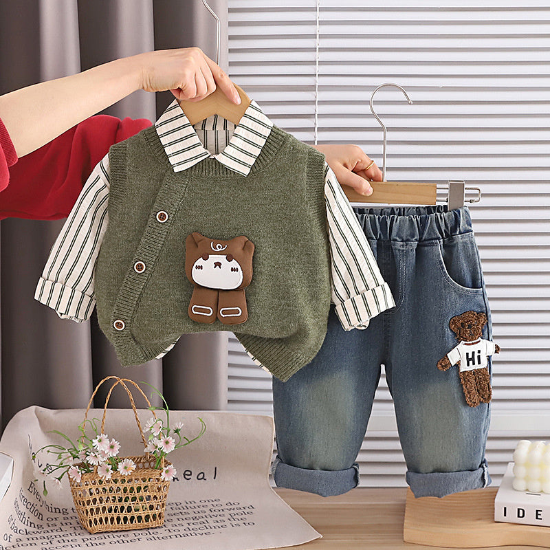 Boys' Outfit 2026 New for Baby Boys Toddlers, Spring and Autumn Fashionable Korean Style Sweater with Bear Design, Three-Piece Set