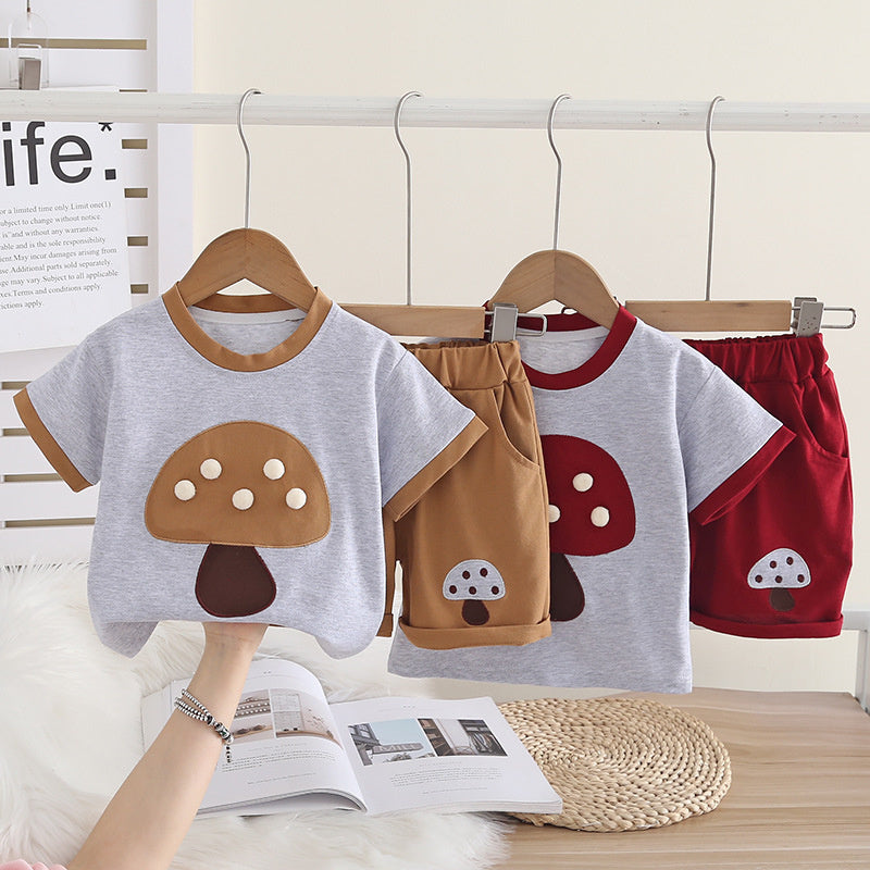 Boys' Outfit 2026 New Style Children's Summer Clothes for Toddlers, Trendy Cute Mushroom Short Sleeve Two-Piece Set