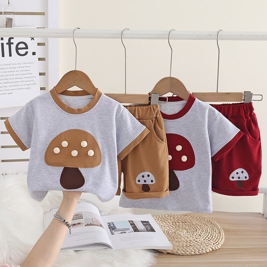 Boys' Outfit 2026 New Style Children's Summer Clothes for Toddlers, Trendy Cute Mushroom Short Sleeve Two-Piece Set