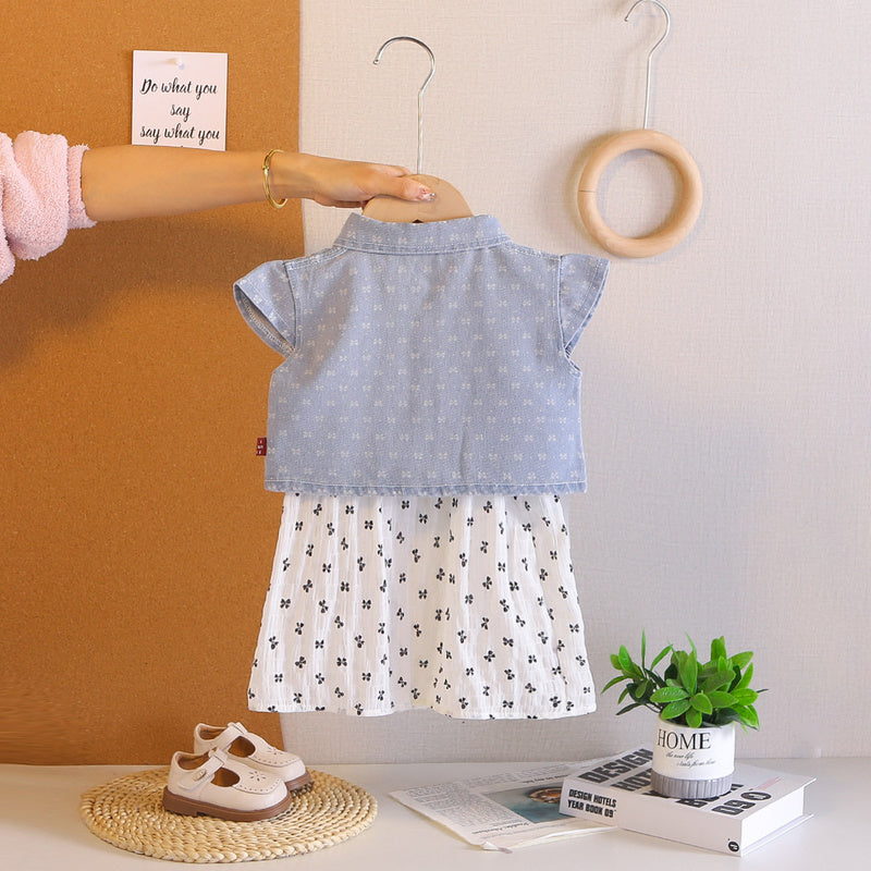 Girls' outfit 2026 new stylish children's short-sleeve bow denim two-piece set baby clothes for summer