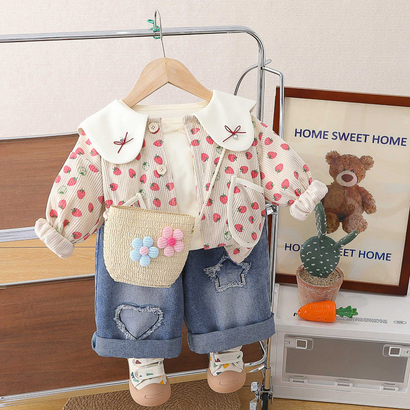 Girls' Spring Outfit Fashionable Stylish Children's Girl Clothes 1-3 Years Old Baby Strawberry Doll Collar Three-Piece Set Trendy