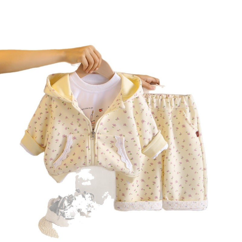 Girls' Outfit Stylish Baby Clothes Spring and Autumn Infant Toddler Full Print Small Flower Lace Three-Piece Set Trendy