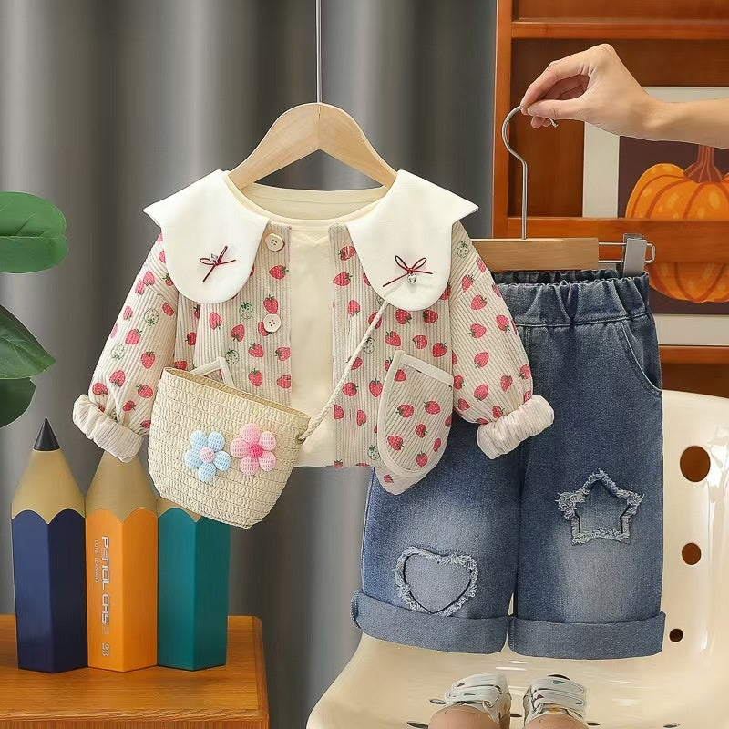 Girls' Spring Outfit Fashionable Stylish Children's Girl Clothes 1-3 Years Old Baby Strawberry Doll Collar Three-Piece Set Trendy