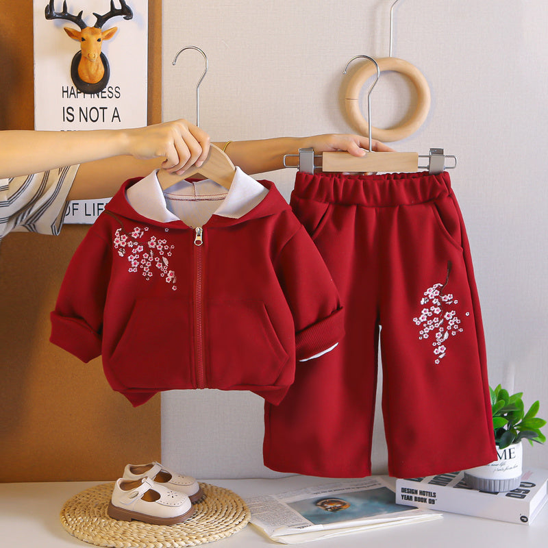 Girls' Spring and Outfit 2026 New Fashionable Children's Autumn Casual Hooded Plum Blossom Jacket Two-Piece Set Wholesale