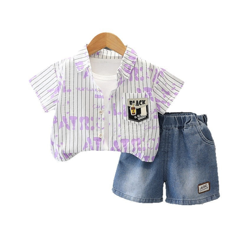 Boys' Outfit 2026 Stylish Thin Short-Sleeve Summer Suit for Boys, Children's Vertical Stripe Letter Shirt Three-Piece Set