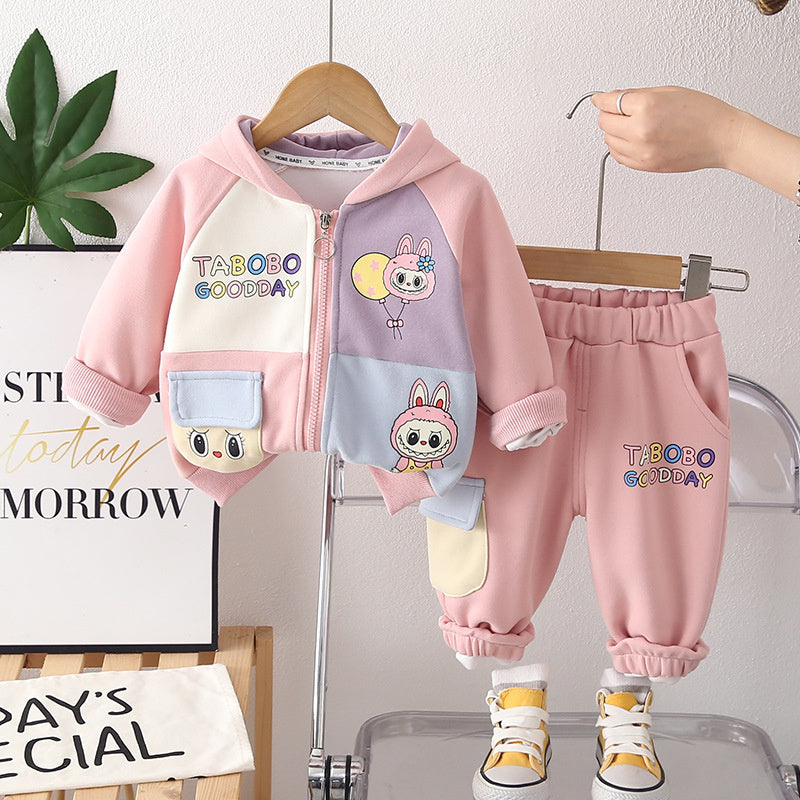 Girls' Outfit Spring and 2026 New Fashionable Children's Autumn Stylish Baby Girl Color-Block Cartoon Jacket Two-Piece Set