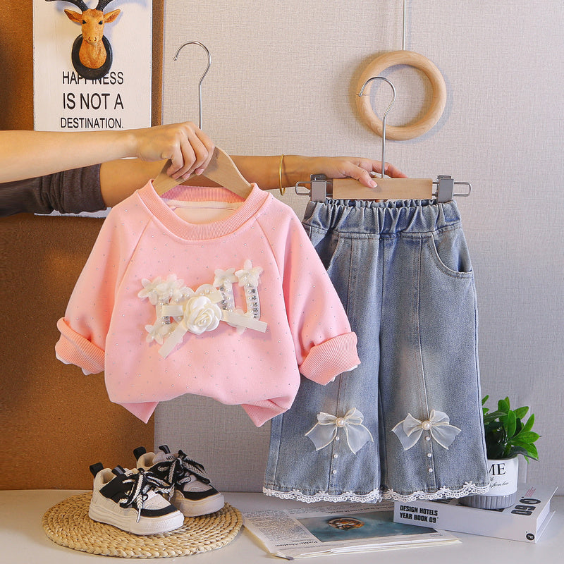 Outfit Set: Stylish Baby Girl Beaded Floral Sweatshirt Two-Piece Set for Infants Young Girls' Spring and Autumn Clothing