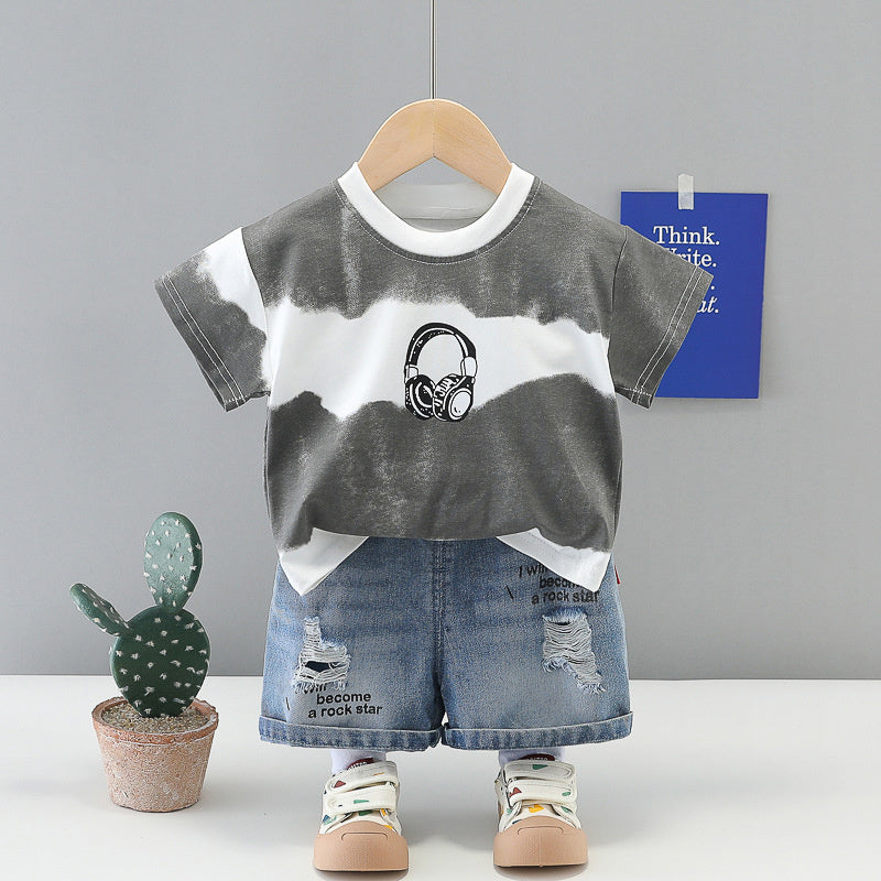 Boys' wide-striped casual short-sleeve thin T-shirt and children's summer shorts set, 26 new Korean-style baby two-piece outfit